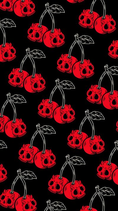 a black background with red skulls and cherries Halloween Cherry Halloween Iphone Backgrounds, Halloween Backgrounds, Goth, Witchy, Gothic, Whatsapp, black