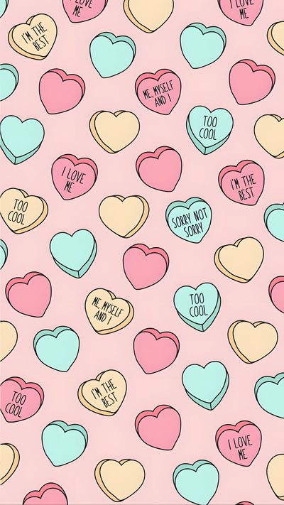 many hearts are arranged on a pink background Halloween Conversation Hearts Valentines Day Conversation Hearts, Conversation Hearts Background, Pastel Candy Hearts, misty rose