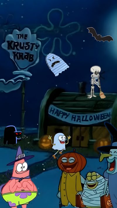 cartoon characters dressed up in halloween costumes on a street at night with bats and ghost Halloween Spongebob Fall Spongebob, Scary Spongebob Halloween, Halloween Spongebob, midnight blue