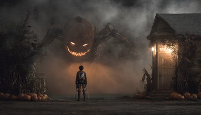 a man standing in front of a creepy pumpkin house Halloween Attack Ultrawide Halloween, Horror 4k Pc, Engine Halloween, Scary Desktop 4k, dark slate gray