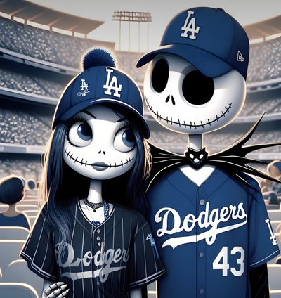 a couple of cartoon characters standing next to each other in front of a baseball stadium Dodgers Halloween Dodgers And Raiders, Spiderman Dodgers, Stitch Dodgers, La Dodgers Skull, dark slate blue