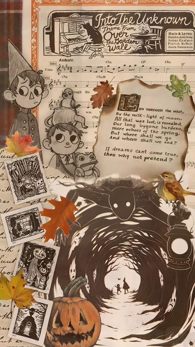 a collage of halloween images and pictures Halloween Over The Garden Wall Fall Aesthetic Dark, Fall Art, Over The Garden, Phone Fandom, rosy brown