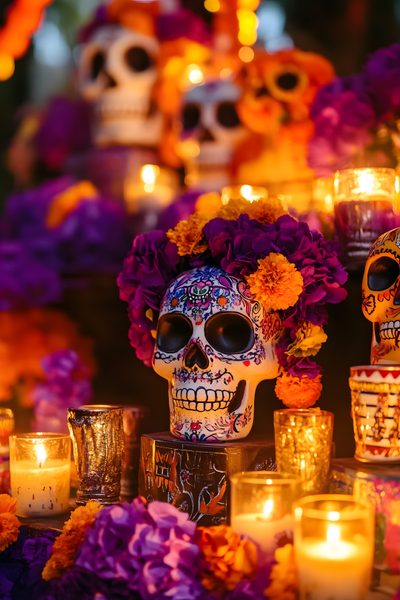 a table topped with candles and skulls covered in flowers Mexican Halloween Ideas De Altares De Muertos, Mexico Halloween, De Los Muertos, saddle brown
