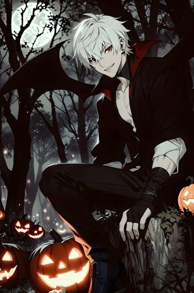 a man sitting on top of a tree stump next to jack - o'- lanterns Halloween Anime Boy Halloween Animes To Watch, Anime Bat Boy, Anime Ghoul Boy, black