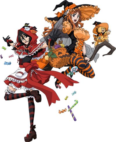 two anime characters dressed in halloween costumes and holding pumpkins, one is flying through the air Bleach Halloween Rukia Kuchiki Halloween, Bleach Halloween Art, Bleach Halloween Pfp, white