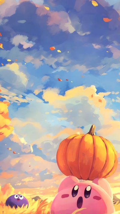 a cartoon character with a pumpkin on his head and another character in the background looking at something Kirby Halloween Iphone Image Kirby, Kirby Art Colorful Sky, Kirby Autumn, Kirby Landscape, dark gray