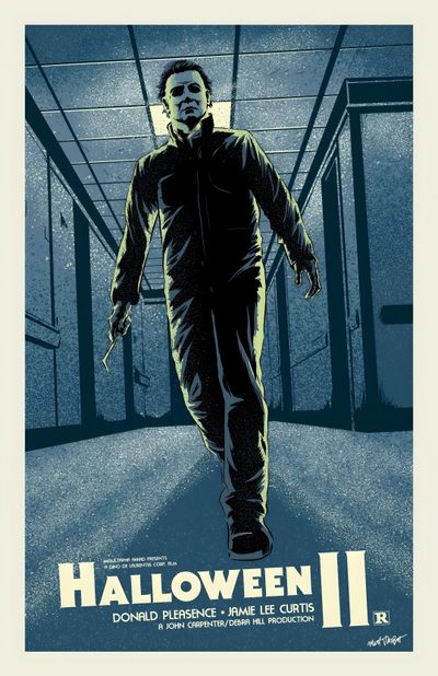 a movie poster for halloween ii with a man walking down the street in front of an elevator Halloween Ii Freddy Krueger Movie Poster, Original Halloween Movie Poster, Casper 1995 Movie Poster, dim gray