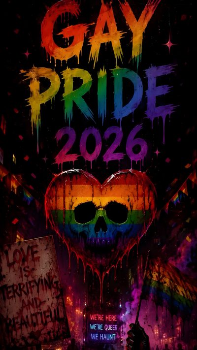 a poster for gay pride with a skull holding a sign Lgbtq Halloween Spooky Pride, Lgbtq Iphone, Lgbtq Pride, Pride Themed Graphic Design, Pride Phone, black