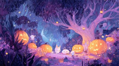 a painting of halloween pumpkins in the woods at night with cats and bats around them Pastel Halloween Desktop Cute Halloween Pc, Cute Halloween Pc Background, Cute Halloween Computer, dark slate blue