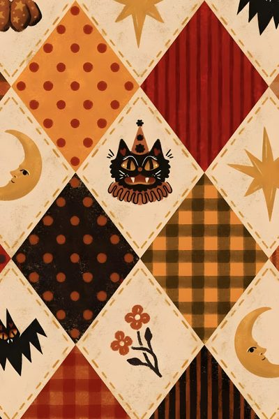 a patchwork pattern with cats, stars and pumpkins on the bottom right corner Quirky Halloween Whatnot Background, Whimsy Halloween, Halloween Pattern Background, peru