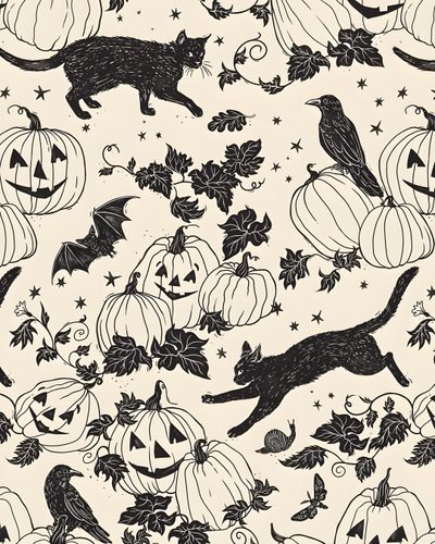 a black and white halloween pattern with cats, bats, pumpkins and other decorations Halloween Cat Themed Halloween Background Ipad Aesthetic, Ipad Spooky, Halloween Mood, antique white