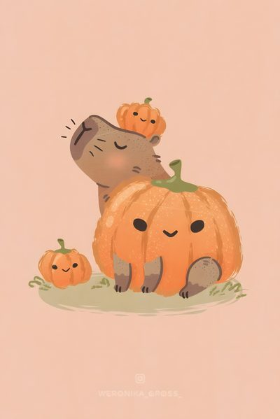 two pumpkins and a dog are sitting on the ground with their faces painted to look like they're hugging Capybara Halloween Capybara With Autumn Leaves Illustration, Cute Capybara Halloween, Halloween Capybara Drawing, wheat