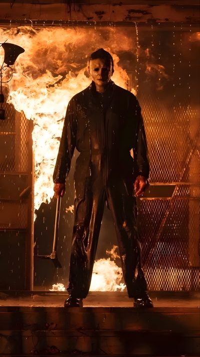 a man standing in front of a fire Mike Myers Halloween Halloween Aesthetic Michael Myers, Halloween Michael Myers Aesthetic, Michael Myers Fire Pfp, maroon
