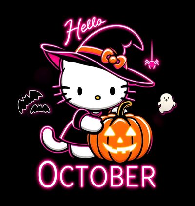 hello kitty is holding a pumpkin and wearing a witches hat with the word october on it Halloween With Hello Kitty In A Hat Hello Kitty Halloween Party, Heat Press Designs, Hello Kitty Backgrounds, black