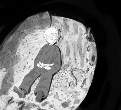 a man sitting on the ground next to a tree Missing Halloween Missing Halloween Fanart, Missing Halloween, Fan Art, Halloween, dim gray