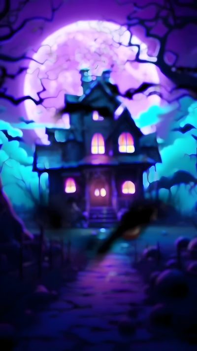 a creepy house in the middle of a spooky forest with full moon behind it Neon Purple Halloween Live Halloween Iphone, Moving Halloween, Halloween Videos, midnight blue
