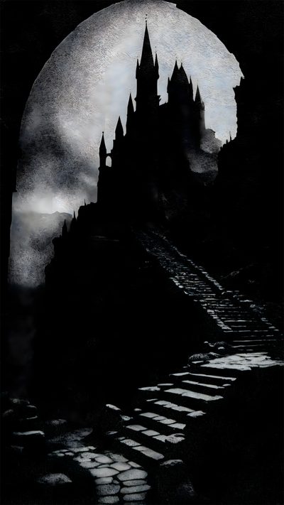 an image of a castle at night with stairs going up to the castle and moon in the sky Halloween Gothic Ideas Dark Evil Castle, Dark Fantasy Citadel, Haunted Gothic Castle, Dark Soul Castle, black