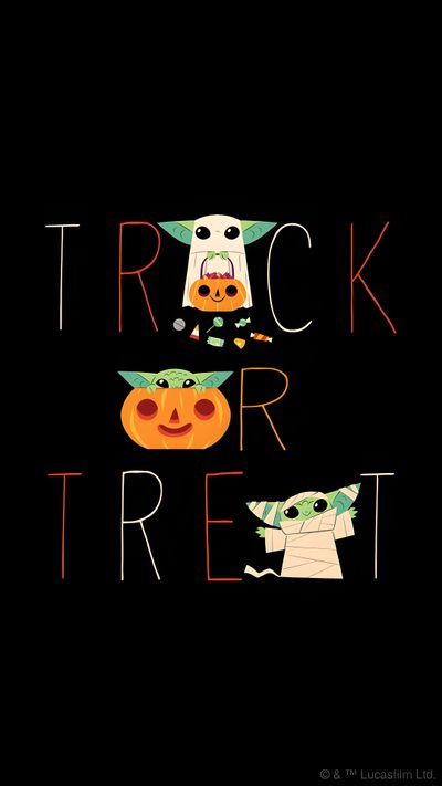 an image of trick or treat with baby yoda and the child in pumpkin costumes Halloween Baby Yoda Trick Or Treat Iphone, Star Wars Thanksgiving, Star Wars Fall, black