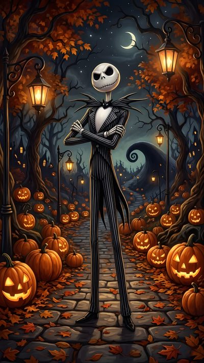 a skeleton standing in the middle of a road with pumpkins Happy Halloween Jack Skellington Jack Skellington Fall, The Nightmare Before Christmas, Clay Mation, dark slate gray
