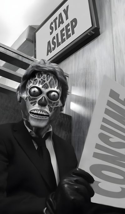 a man in skeleton makeup holding a sign that says stay asleep John Carpenter Halloween They Live Costume, They Live Black And White, They Live Cosplay, dim gray