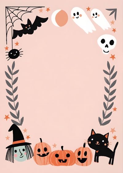 a halloween card with pumpkins, cats and ghost faces on the front in pink Cute Halloween Birthday Halloween Tattoo, Halloween Iphone, Theme Halloween, Halloween Inspiration, bisque