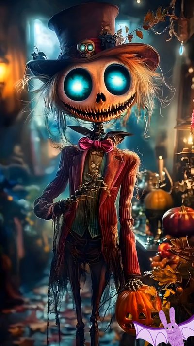 a cartoon character with blue eyes wearing a top hat and holding a pumpkin in his hand Happy Halloween Live Scary Halloween Scarecrow, Scary Scarecrows, Spooky Scarecrow, dark slate gray