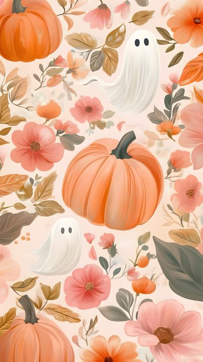 an orange pumpkin surrounded by flowers and leaves on a pink background with white ghost in the middle Halloween Floral Aesthetic Autumn Floral Pattern, Fall Decor Inspiration, Halloween Ghost Illustration, burlywood