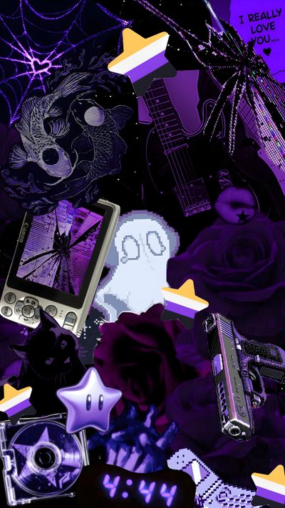an image of a cell phone surrounded by objects Nonbinary Halloween Nonbinary Aesthetic, Nonbinary Halloween, Future, Punk, Purple Scenecore, black
