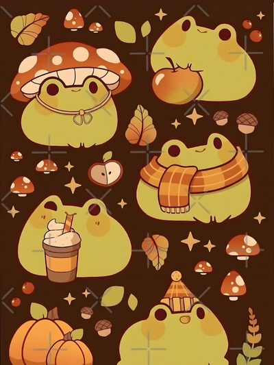 an image of cartoon animals with autumn decorations on the background, including pumpkins and mushrooms Cute Halloween Frog Cute Kawaii Mushrooms, Cute Fall Drawing, Fall Cute Drawings, Autumn Animal, saddle brown