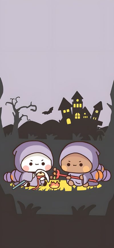 two cartoon characters are sitting on the ground in front of a spooky house Bubu Dudu Halloween Panda Fall, Milk And Mocha Bear Halloween, Milk Mocha Halloween, silver