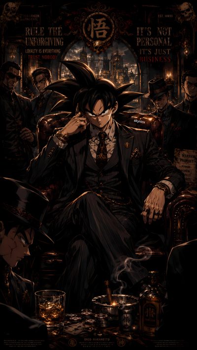 an anime character sitting in a chair with other people around him and holding his head Halloween Goku Goku 2, The Godfather, Anime Dragon Ball, Dragon Ball, black