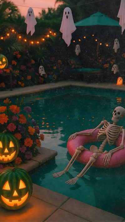 a skeleton floating on an inflatable raft next to a pool with halloween decorations Halloween Summerween Pumpkin Pool, Summer Halloween, Summerween Ideas Aesthetic, dark slate gray