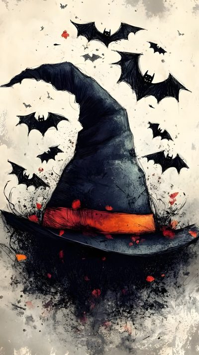 a painting of a witches hat with bats coming out of it Halloween Witch Hat Drawing Of Halloween, Spooky Drawings Halloween, Halloween Drawing Sketch, rosy brown