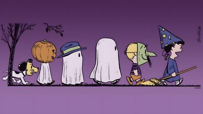 a group of cartoon characters dressed up as witches and ghostes walking in front of a tree Snoopy Halloween Chromebook Snoopy Fall Desktop, Peanuts Fall Computer, Fall Snoopy Desktop, dim gray