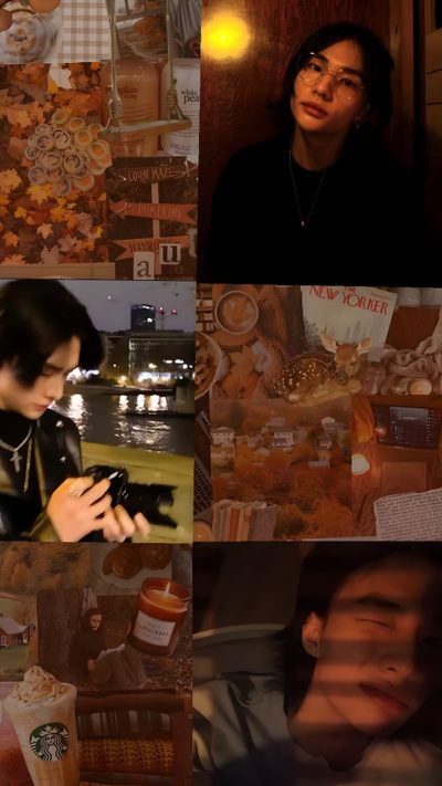 the collage shows people in different scenes Hyunjin Halloween Hyunjin Brown Aesthetic, Weather Seasons, Cute, maroon