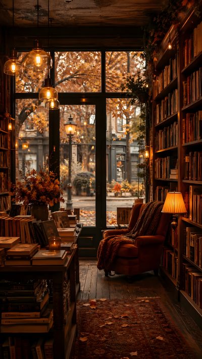 a room filled with lots of books next to a window covered in fall colored leaves Halloween Library Victorian Bookshop, Augtober Aesthetic, Books Everywhere Aesthetic, black