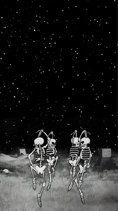 two skeletons are running in the grass at night Grunge Halloween Aesthetic Spooky Phone Backgrounds, Vintage Halloween Art Iphone, Halloween Aesthetic Skeleton, black