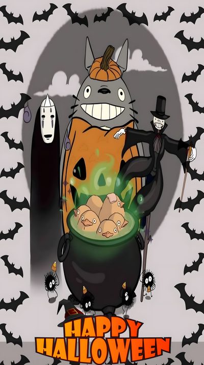 a happy halloween card with a cat in a caulder Studio Ghibli Halloween Halloween, Studio Ghibli Halloween Background, Studio, Studio Ghibli, gray