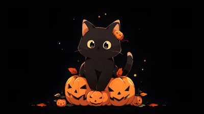 a black cat sitting on top of pumpkins in the dark with bats around it Halloween Cat 4k Laptop Halloween, Cute Halloween Desktop, Halloween Cute Laptop, Cats And Bats, black