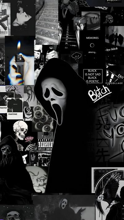 a collage of black and white images with various pictures on them, including a person in a mask Halloween Iphone Scream Dark Horror Art Collection, Black And White Horror-themed Collage, Gothic Aesthetic,