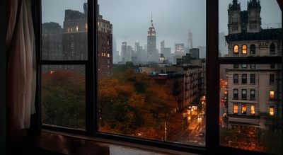 the view from an apartment window at night in new york city, with skyscrapers lit up Halloween City Nyc Computer, Macbook City, Autumn City Aesthetic, Warm Ipad, Nyc Desktop, dark slate gray