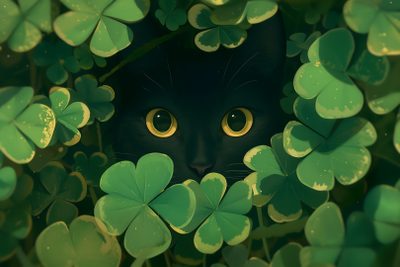 a black cat peeking out from behind clover leaves Halloween Black Cat Green Cozy Aesthetic Desktop, Cat Pc Background, Cat For Pc, dark slate gray