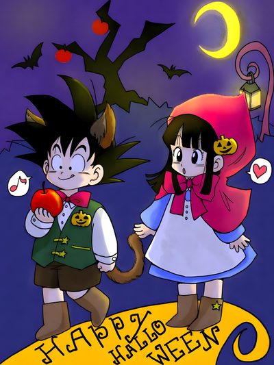 Kid Goku and chichi on Halloween♡ >w< Goku And Chichi Winter, Chichi Christmas Pfp, Chiaotzu Christmas, Christmas Kid Goku, Dbz Halloween, Christmas Gohan, Kid Vegeta And Bulma, Dragon Ball Z Cast, Christmas Dragonball Dragon Ball Halloween Goku And Chichi Winter, Chichi Christmas Pfp, Chiaotzu Christmas, dark slate blue