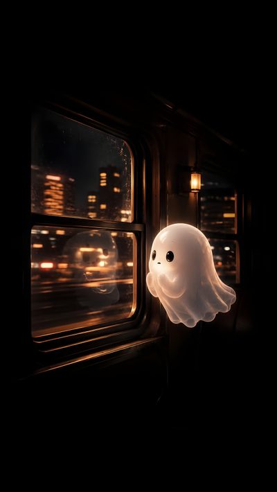 a ghost head hanging from the side of a train window at night with city lights in the background Halloween Ghost Train Take Me Home, Night Art, Anime Scenery, Cute Ghost, Scenery, Digital, black