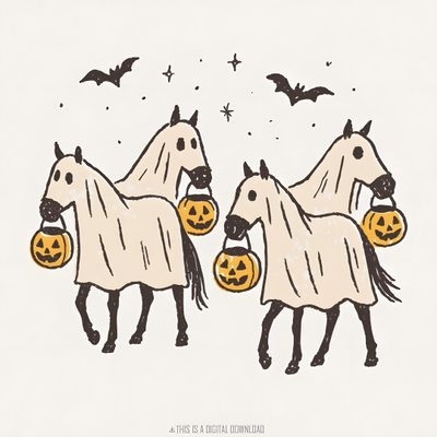 three white horses with pumpkins in their mouths and bats on their backs, all wearing halloween costumes Cute Halloween Horse Halloween Horse Pictures, Pumpkin Halloween Horse, Halloween Horse Art, linen
