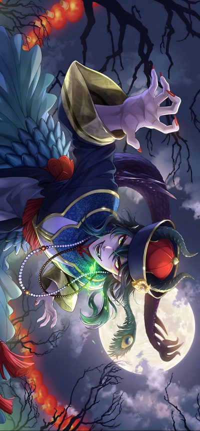 an illustration of a woman riding on the back of a horse in front of a full moon Twisted Wonderland Halloween Malleus Draconia Halloween Card, Twisted Wonderland Official Art, Malleus Draconia, dark slate gray