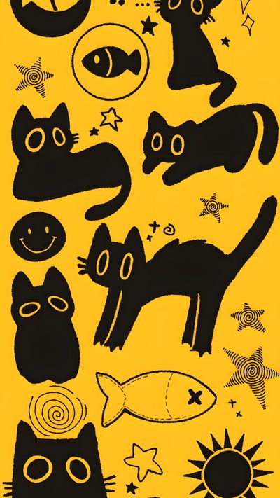 a yellow background with black cats and stars Cute Yellow Halloween For Ad, Minimalist Graphic Design Background, Best Iphone, Background Design Ideas, gold