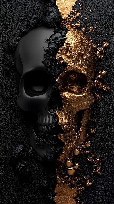 two gold skulls are next to each other on the ground, with black and gold paint all over them Black And Gold Halloween Golden Skull, Gold On Black Skull Drawing, Black And Gold Skull,