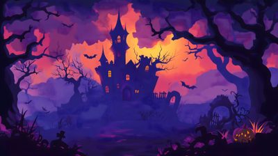 a spooky halloween castle with bats and pumpkins in the trees at night Wow Halloween 4k Fond D Ecran, Free Download, Halloween, midnight blue