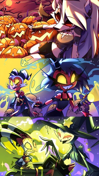 an image of some cartoon characters in different poses Halloween Hazbin Hotel Hellofaboss Fanart, Hellvana Boss, Helluva Boss Artwork, dim gray
